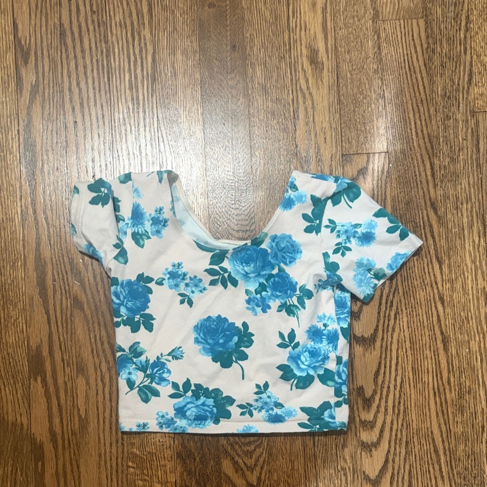 American Apparel White Crop Tee with Blue Floral Pattern - Short Sleeve